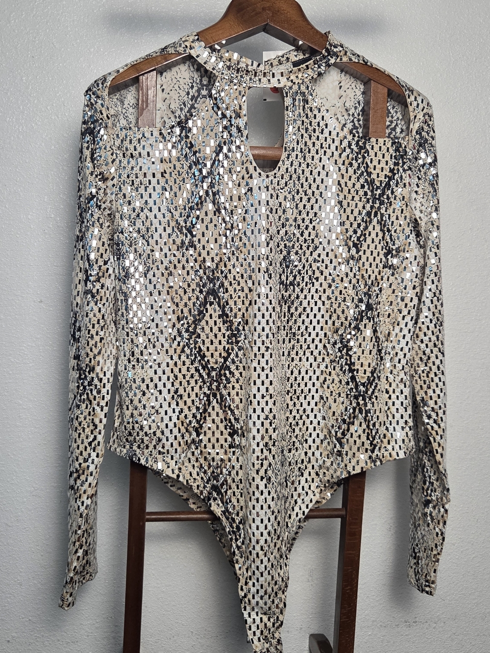 Sequined Snake Print Bodysuit in Beige and Black